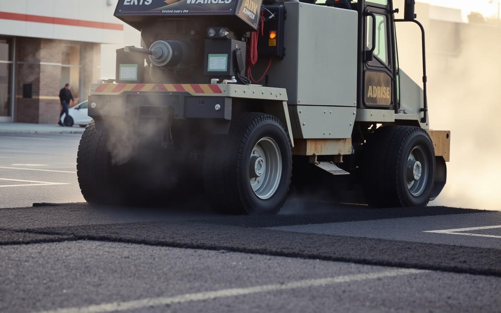 Asphalt paver laying hot mix on a new parking lot